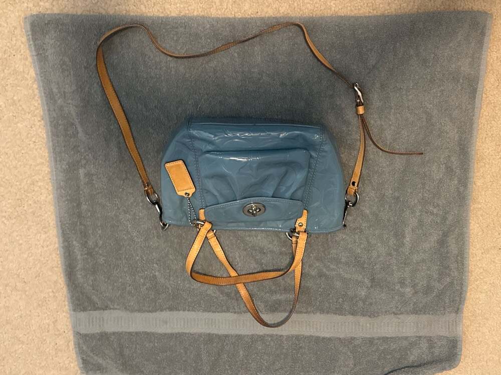 Coach Leah Embossed Patent Leather Signature Crossbody Bag Blue F14729